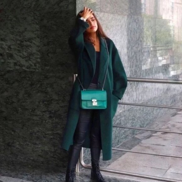 Women's Zara Oversized Wool Alpaca Mohair Shawl Collar Coat Emerald Green Size M - Picture 1 of 16